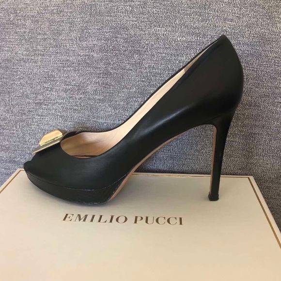 Emilio Pucci Black Leather Peep-Toe Heels Size 39 - Picture 4 of 10